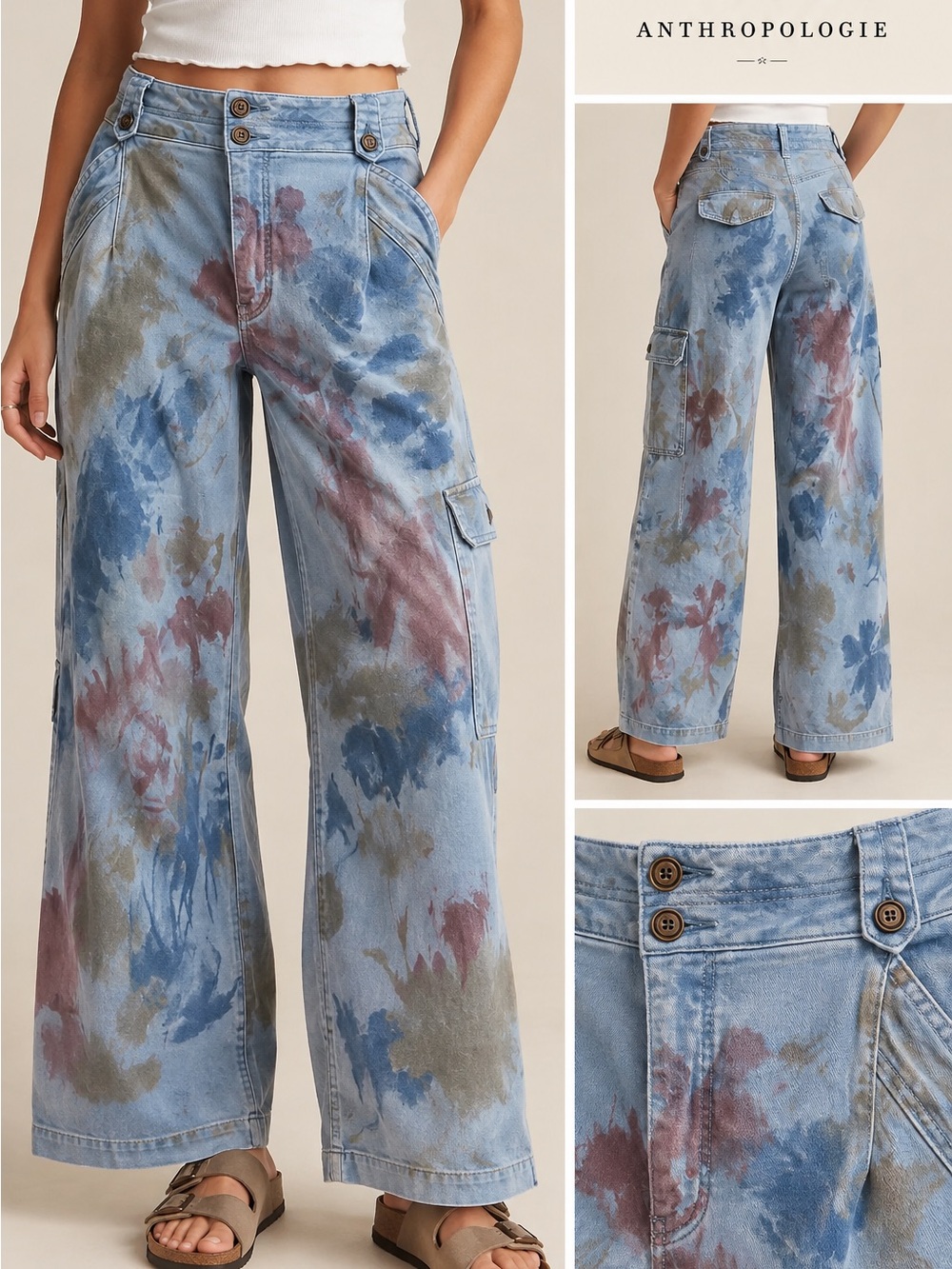 Pilcro Anthropologie Watercolor Wide Leg Cargo Pants Size 31
